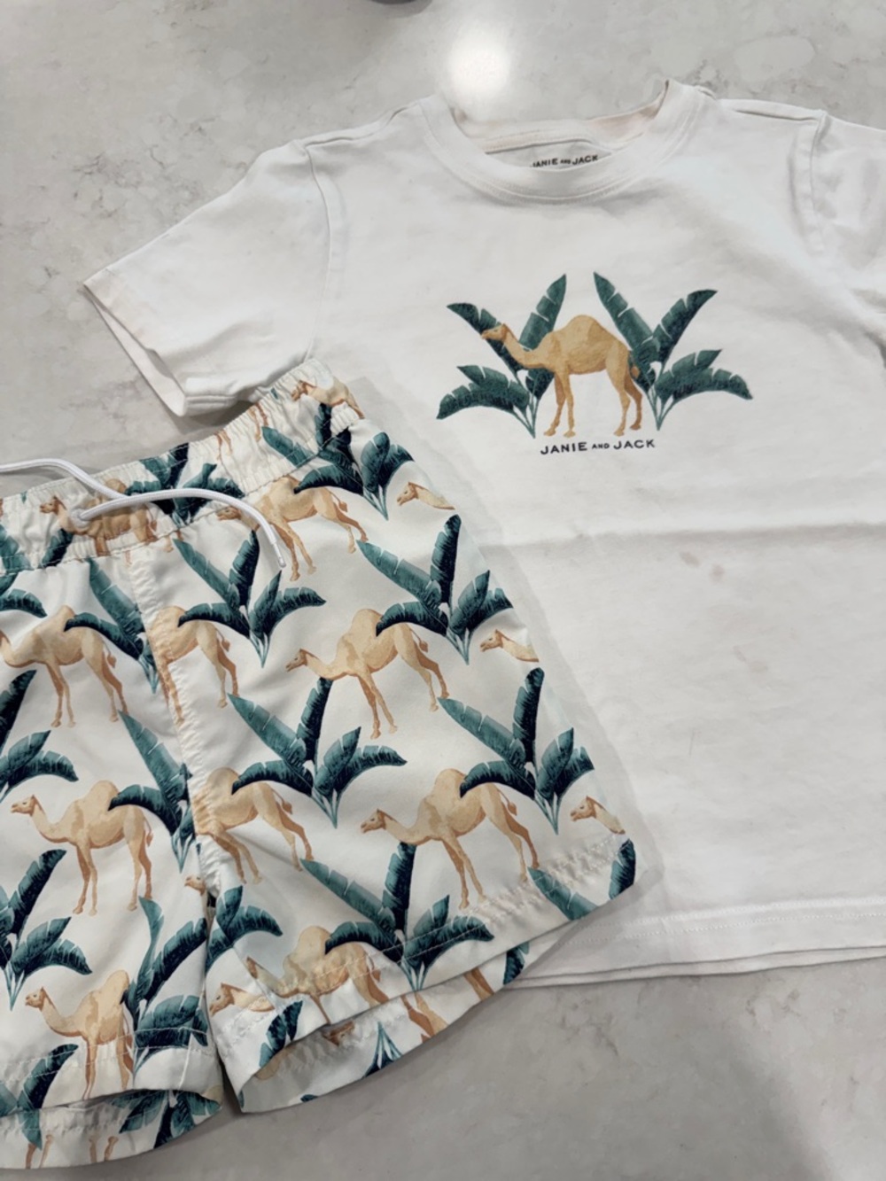 Janie and Jack Camel Swim Trunks and Cotton Shirt 5T